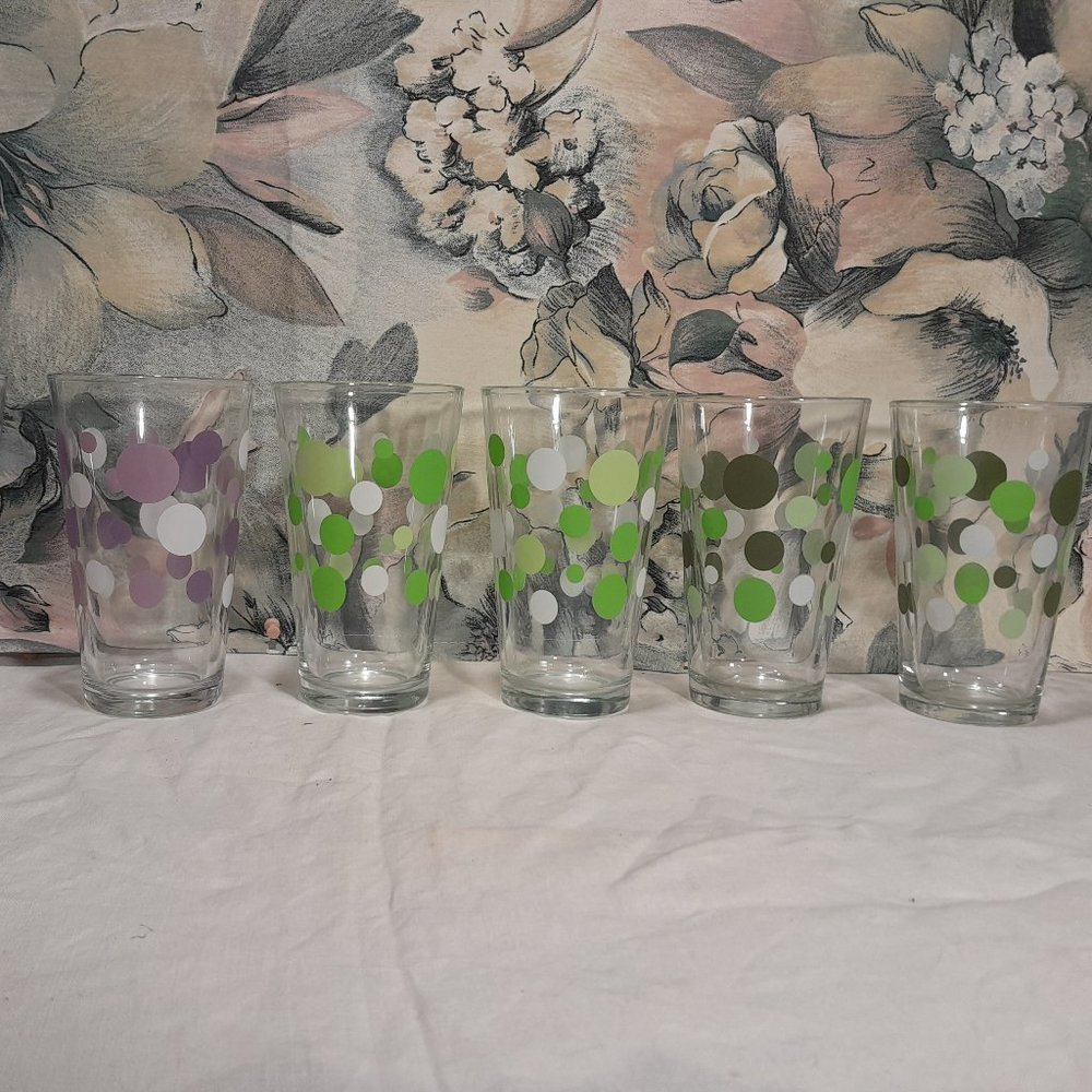 Set of Six Vintage Libbey Polka Dot Drinking Glasses - Green and Purple - 16oz